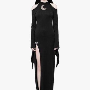 Punk Rave Black Gothic Diablo Moon Pattern Opened Fork Dress - Size : L